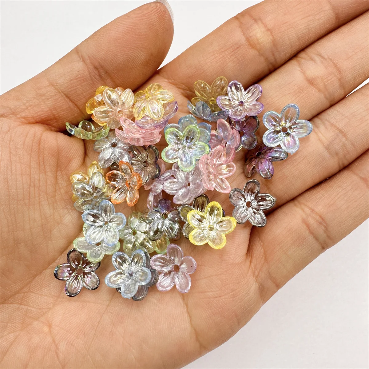100pcs/bag 12mm Transparent  UV Plating Color Acrylic Five-petal Flower Beads Caps DIY Hairpins Handmade Material Wholesale