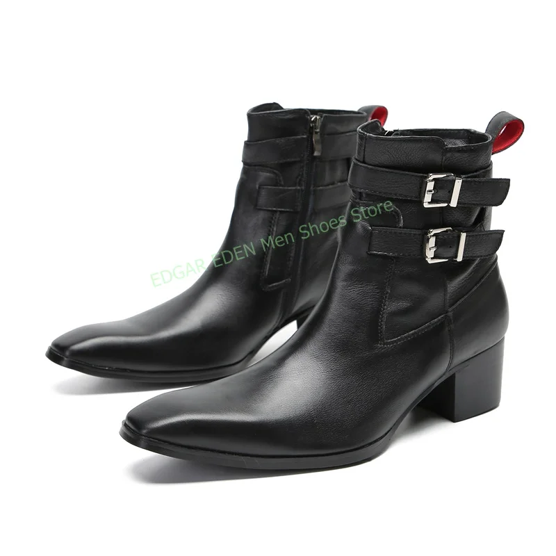 Men High Quality Genuine Leather Ankle Boots Buckle Decor Male Spring Autumn Pointed Toe Side Zipper Black Red High Top Boots