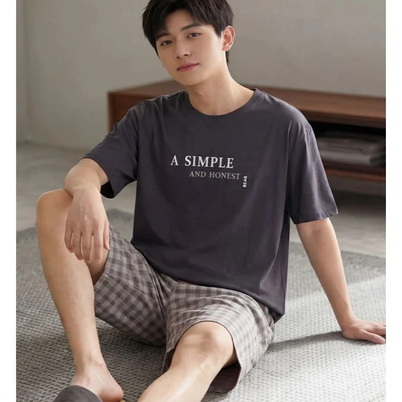 Modern Casual Men Summer Pure Cotton Soft Printed Pajama Set Pocket Short Sleeve Shorts Loungewear S-4XL