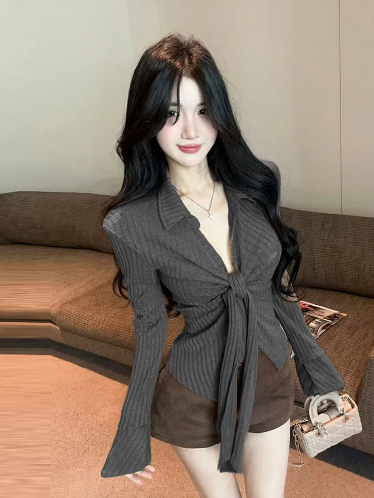 French Style Long Sleeve V-Neck Tie Waist Base Shirt Women's Body Shape Show off Retro Spicy Small Popular Slit Top