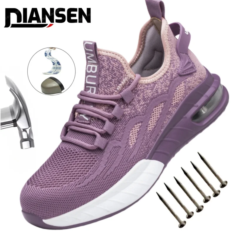 Zapatos cómodos y seguros, zapatos deportivos con punta de acero para mujer, ligeros, transpirables, antideslizantes, botas de trabajo moradas a la moda