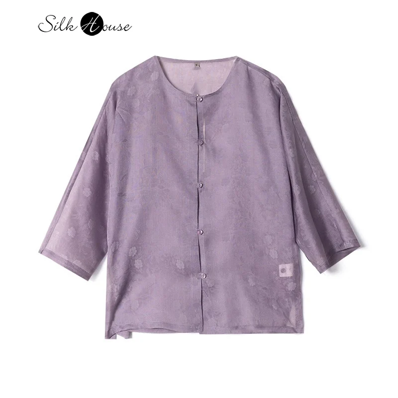 

Women's Summer Temperament New Versatile Round Neck Three-quarters Sleeve Single Breasted 100% Natural Mulberry Silk Retro Top