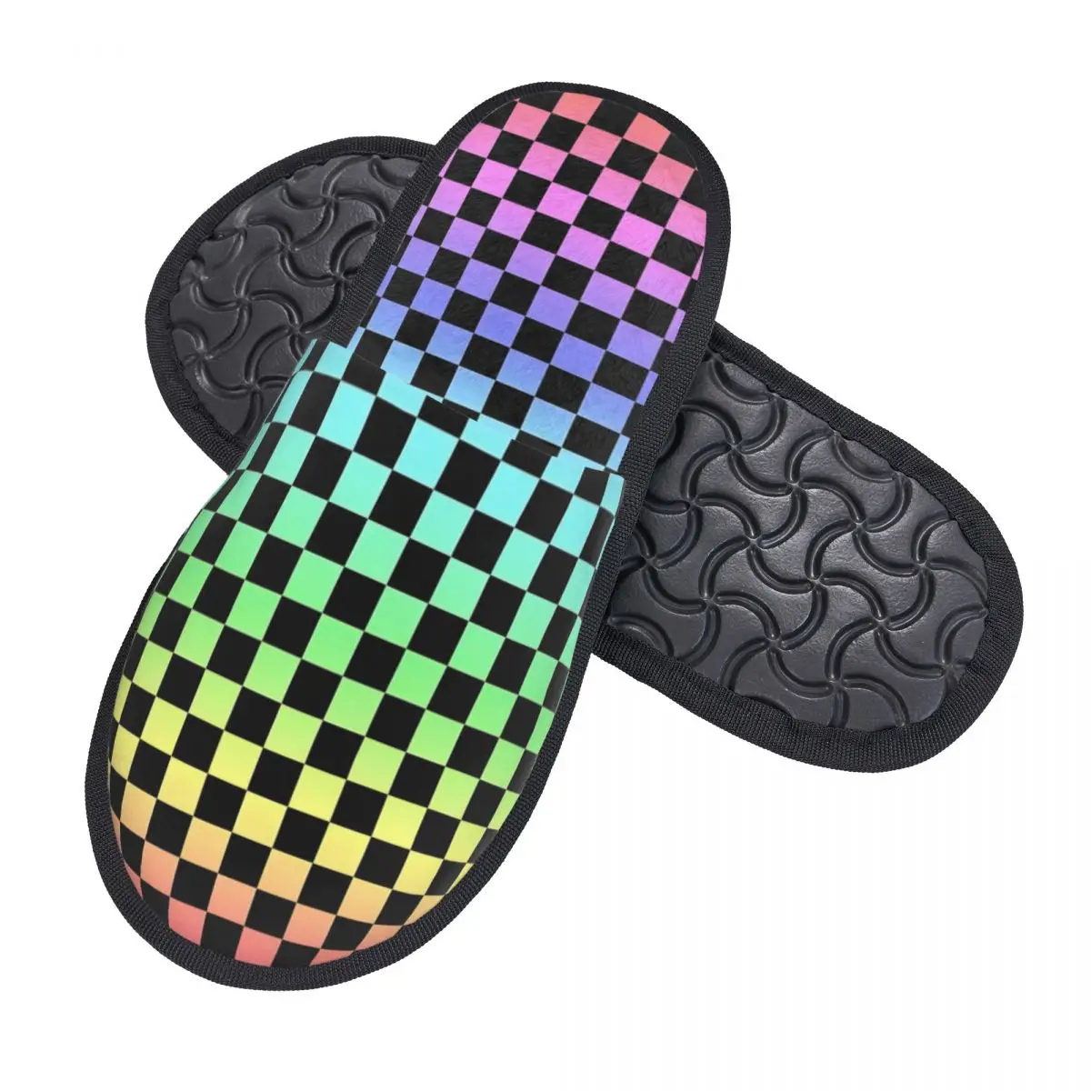 Black And Rainbow Squares Pattern Checkered Flag House Slippers Women Cozy Memory Foam Slip On Bedroom Slipper Shoes