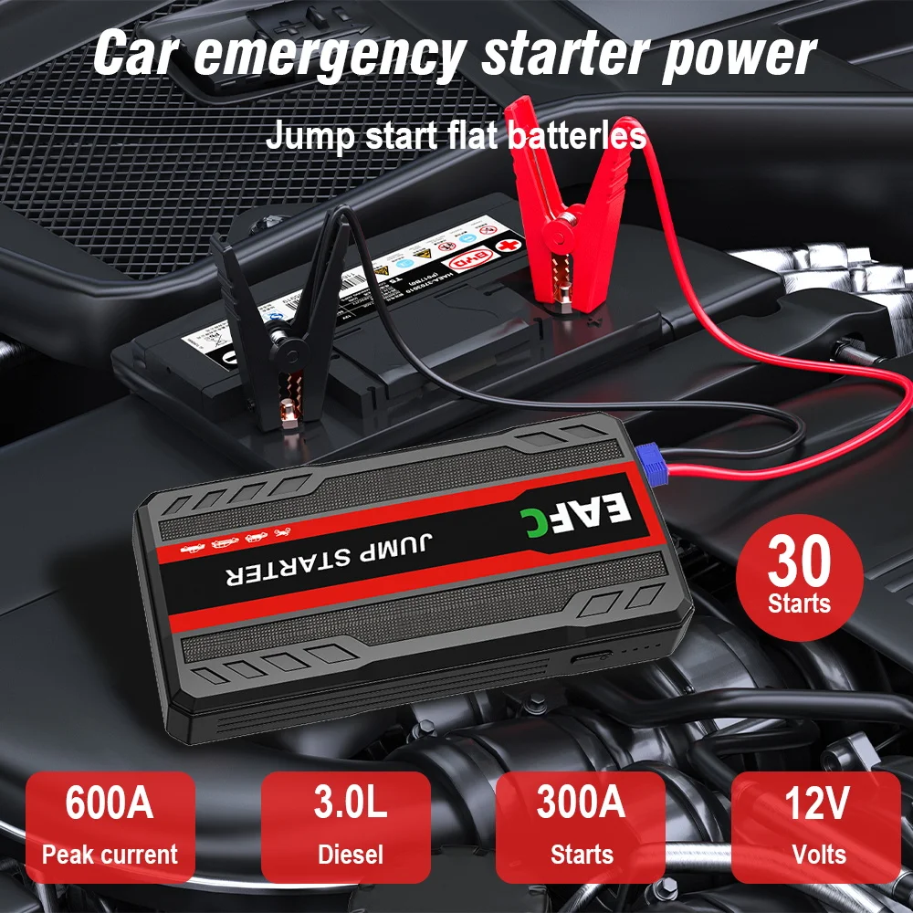 EAFC 12V Mini arrancador de batería de coche amplificador de emergencia con cargadores USB, tipo C y LED cargador de batería portátil 600A