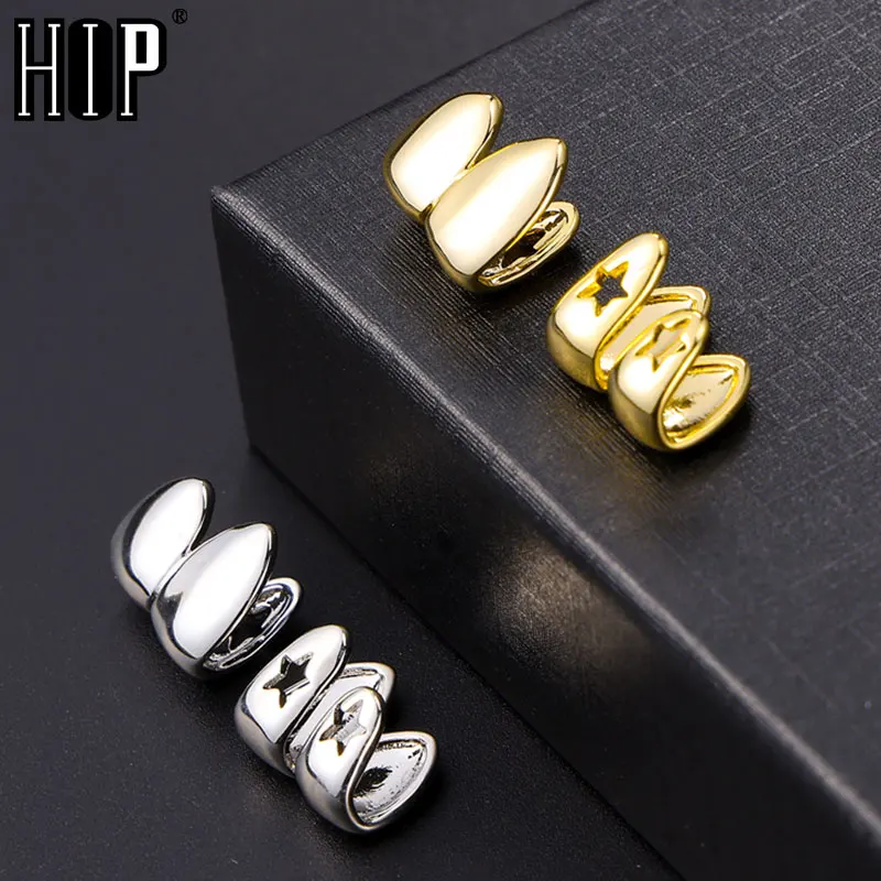 Hip Hop 2pcs Set Gold Plated Teeth Caps Grillz Top & Bottom Charm Grills For Men Women Jewelry Gift