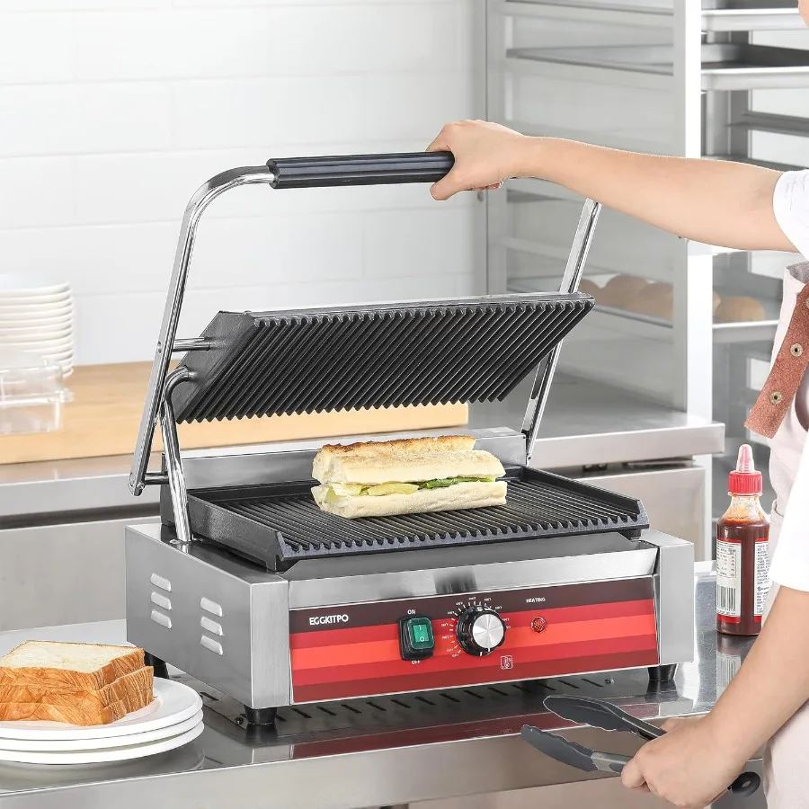 業務用電気パニーニプレスグリル、溝付きエナメルプレート付き、家庭用キッチンに最適、朝食サンドイッチの作りに最適
