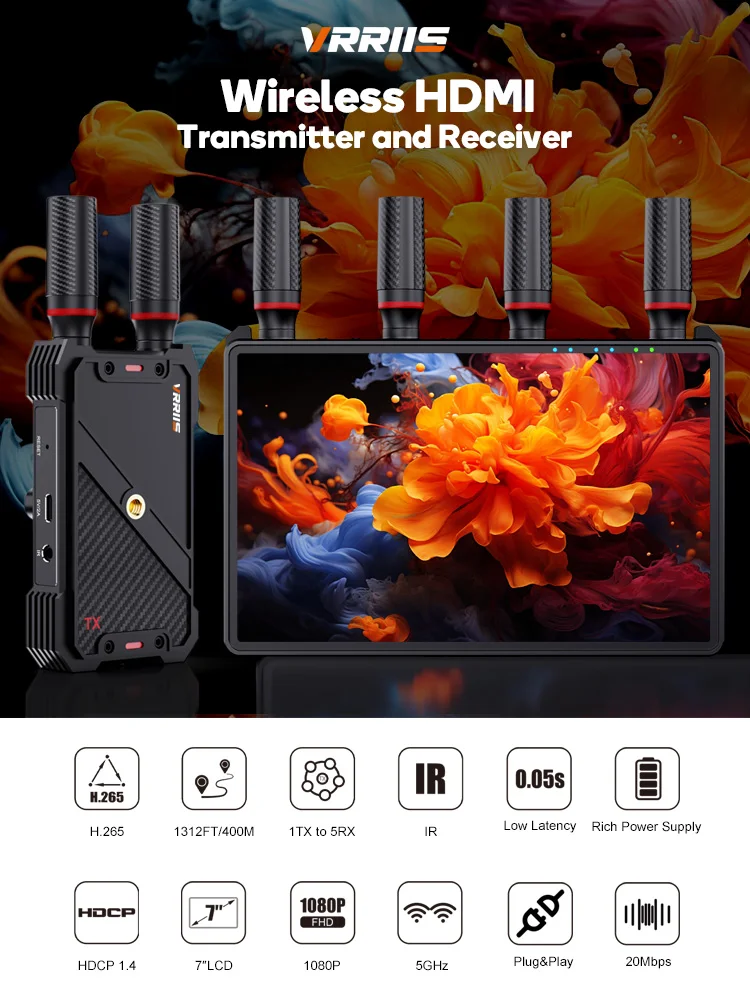 7inch Screen 400M Wireless Distance HDMI Wireless Video Transmitter and Receiver Outdoor Events Indoor Support 1TX to 5RX Screen