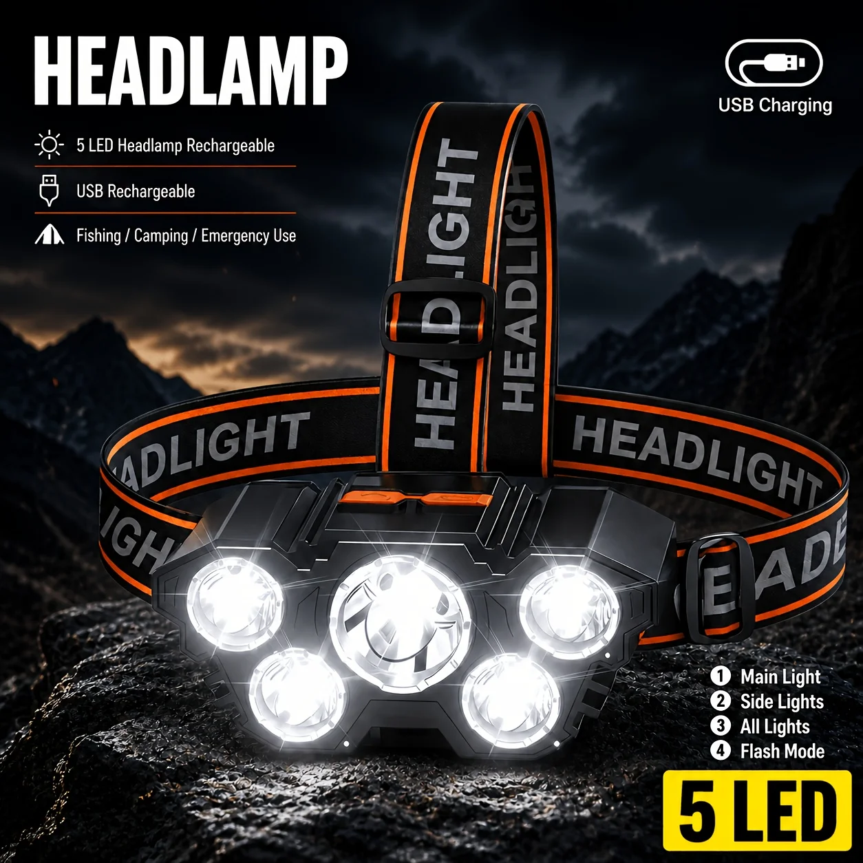Bright 5LED Flashlight Rechargeable with Built in Lithium Battery Strong Head Light Camping Adventure Fishing Cycling Headlamp