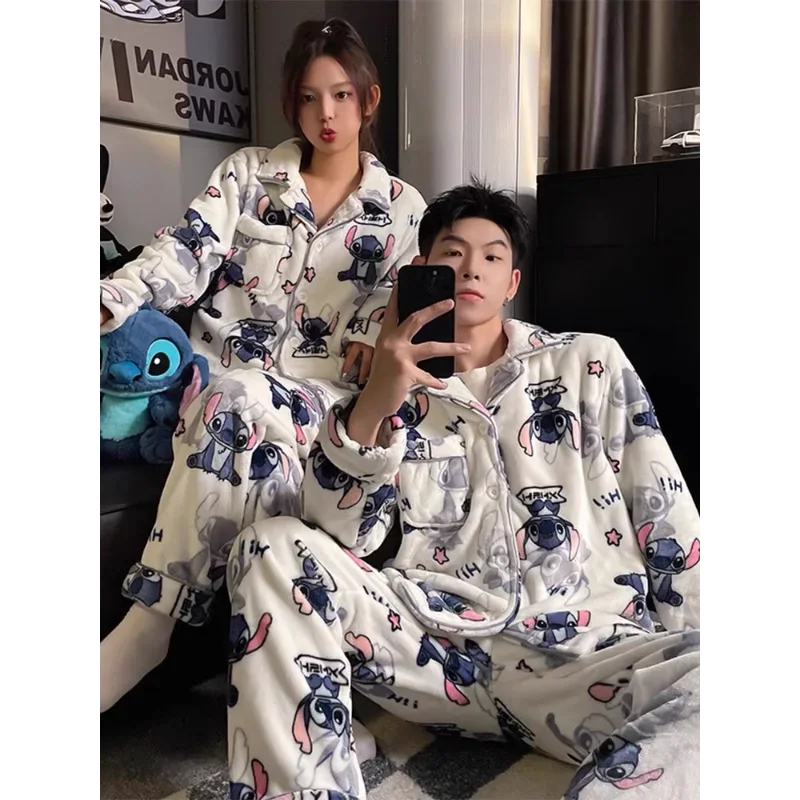 Cartoon Disney couple pajamas winter coral fleece new warm men\'s/women\'s two-piece suit loungewear Stitch women\'s pajamas