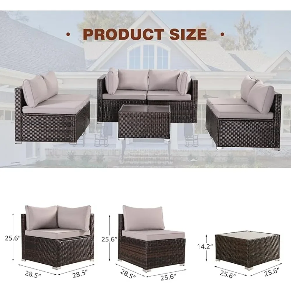 Set furnitur teras 7 buah, Set perabot teras Modular, Set Sofa anyaman luar ruangan, Set percakapan teras anyaman rotan PE