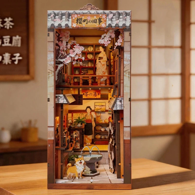 DIY Wooden Japanese Book Nook Shelf Insert Kits Miniature Model Kit With Light Bookend for Friends Birthday Gifts