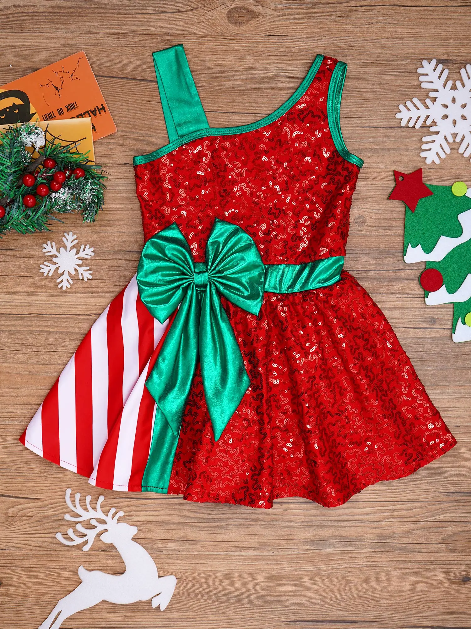 Kids Girls Sequins Christmas Sleeveless Stripe Bow Xmas New Year Cosplay Tutu Dress Dance Performance Dancewear