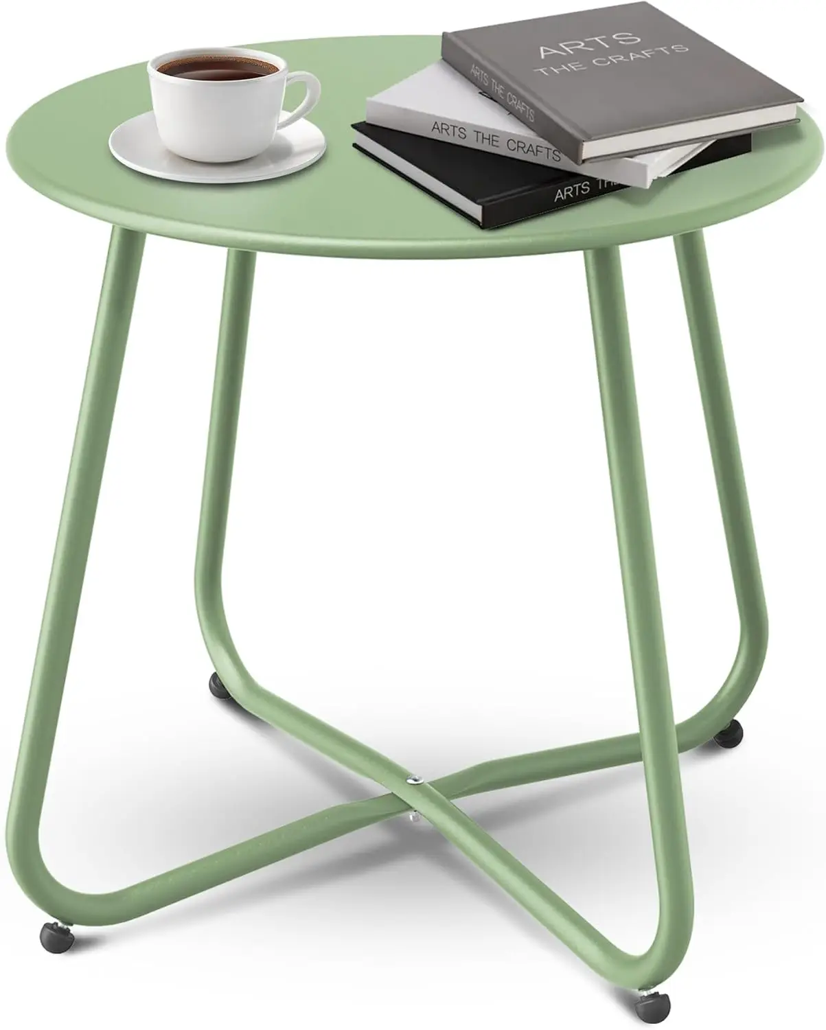 Patio Side Table Waterproof Round Metal Steel Weatherproof Portable Outdoor and Indoor Table for Garden Balcony, Bean Green