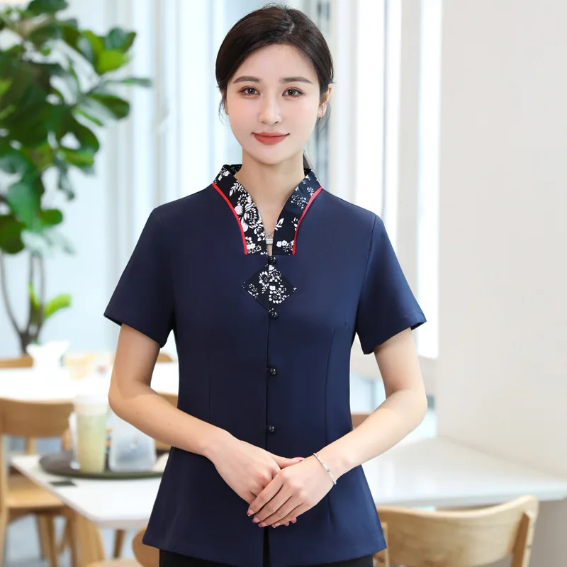 

Spot Goods Chinese Restaurant Waiter Short-Sleeved Summer Clothes Orchid Farmhouse Catering Local Restaurant Overalls Large Size