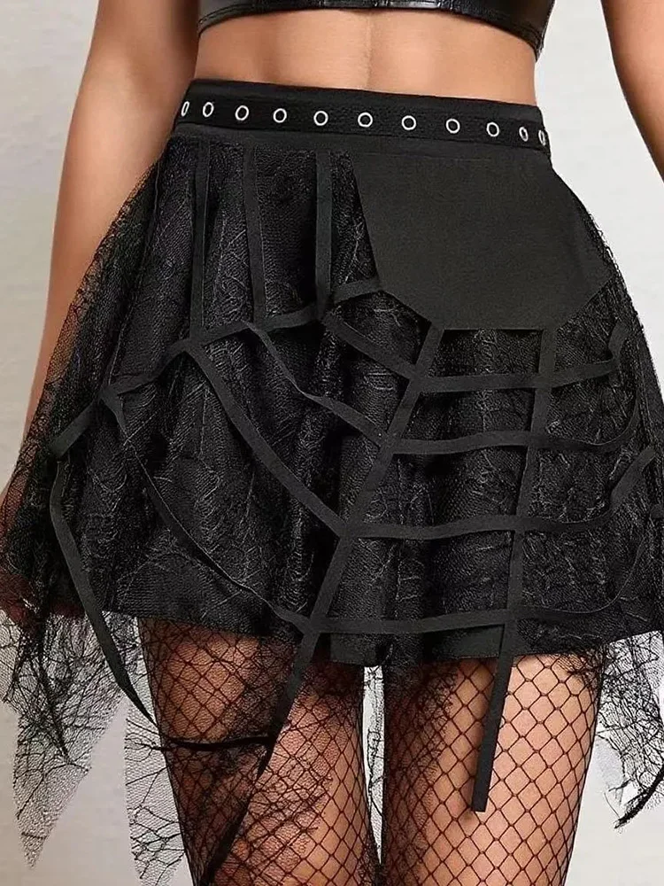 American Vintage Punk Y2K Black Skirt Women High Waist Gothic Mini Skirts Streetwear Lady Lace Patchwork Irregular Spider Skirt