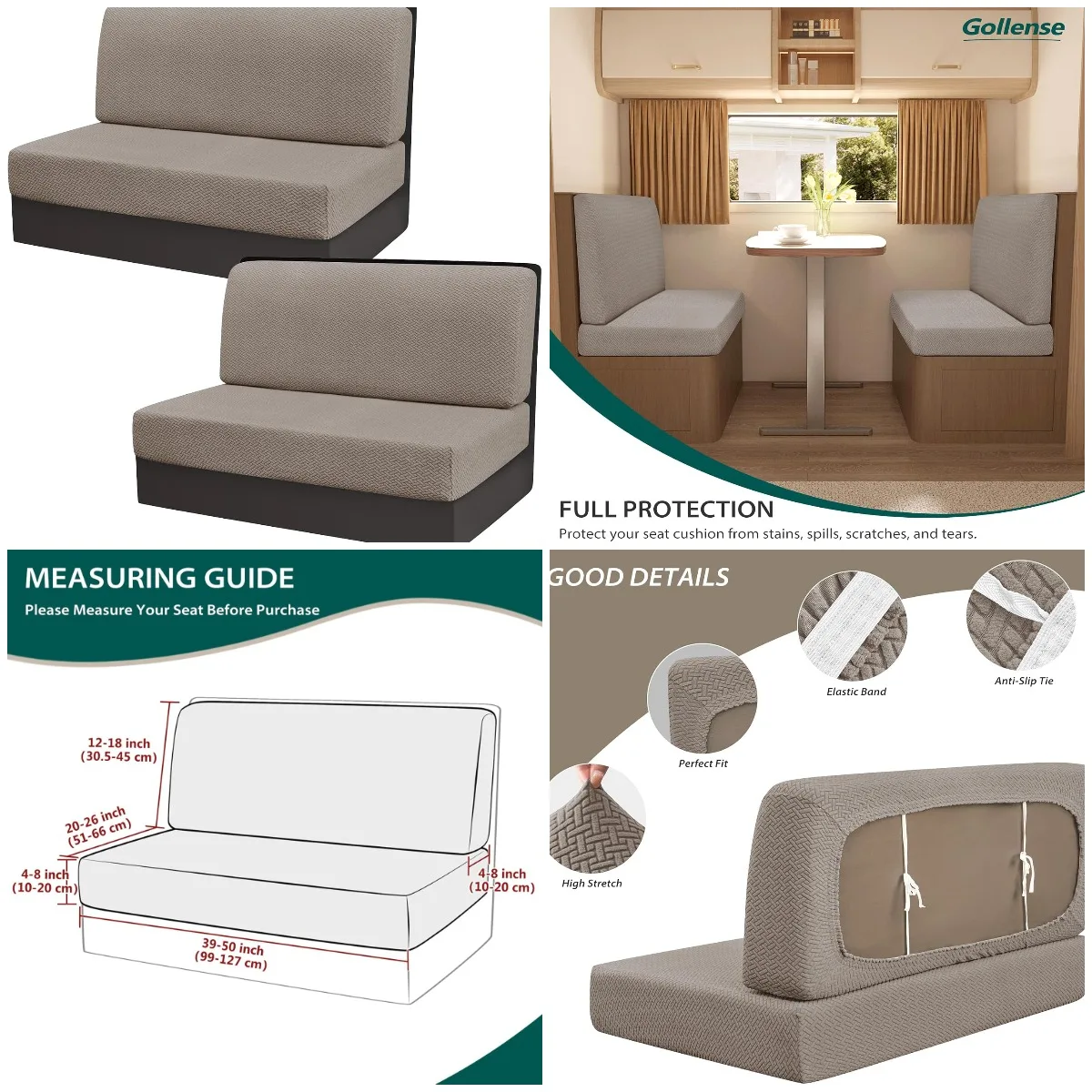 

RV Dinette Cushion Covers, Stretch Replacement for Travel Trailer Couch - 2 Backrest & 2 Bench Covers (T-Khaki)