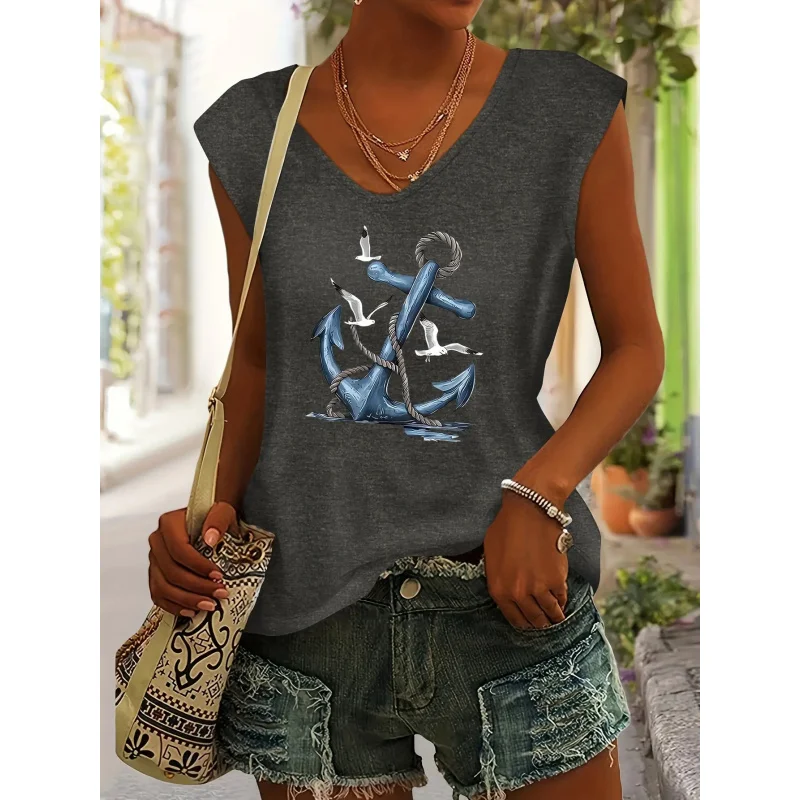 Blue Anchor Seagull Ocean Sailor Pattern Print European And American Style Women'S Spring Summer Casual Easy