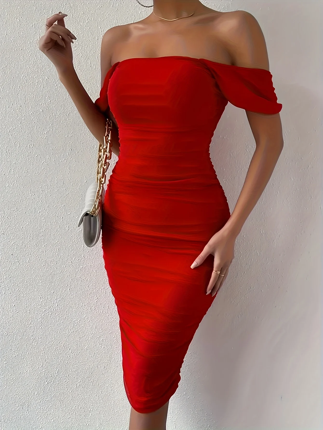 Damen Casual Elegantes Partykleid Einfarbig Schulterfreies Trägerloses Plissiertes Tailliertes Kleid Mittellanger Rock