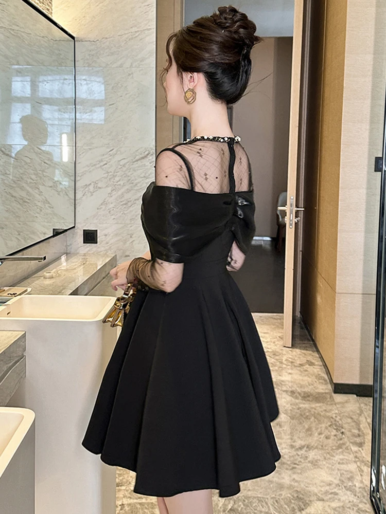 Women Clothes Black Sheer Sexy Long Sleeve Bow Slim Short Dress Luxury Elegant Ladies Evening Party Club Birthday Vestidos New