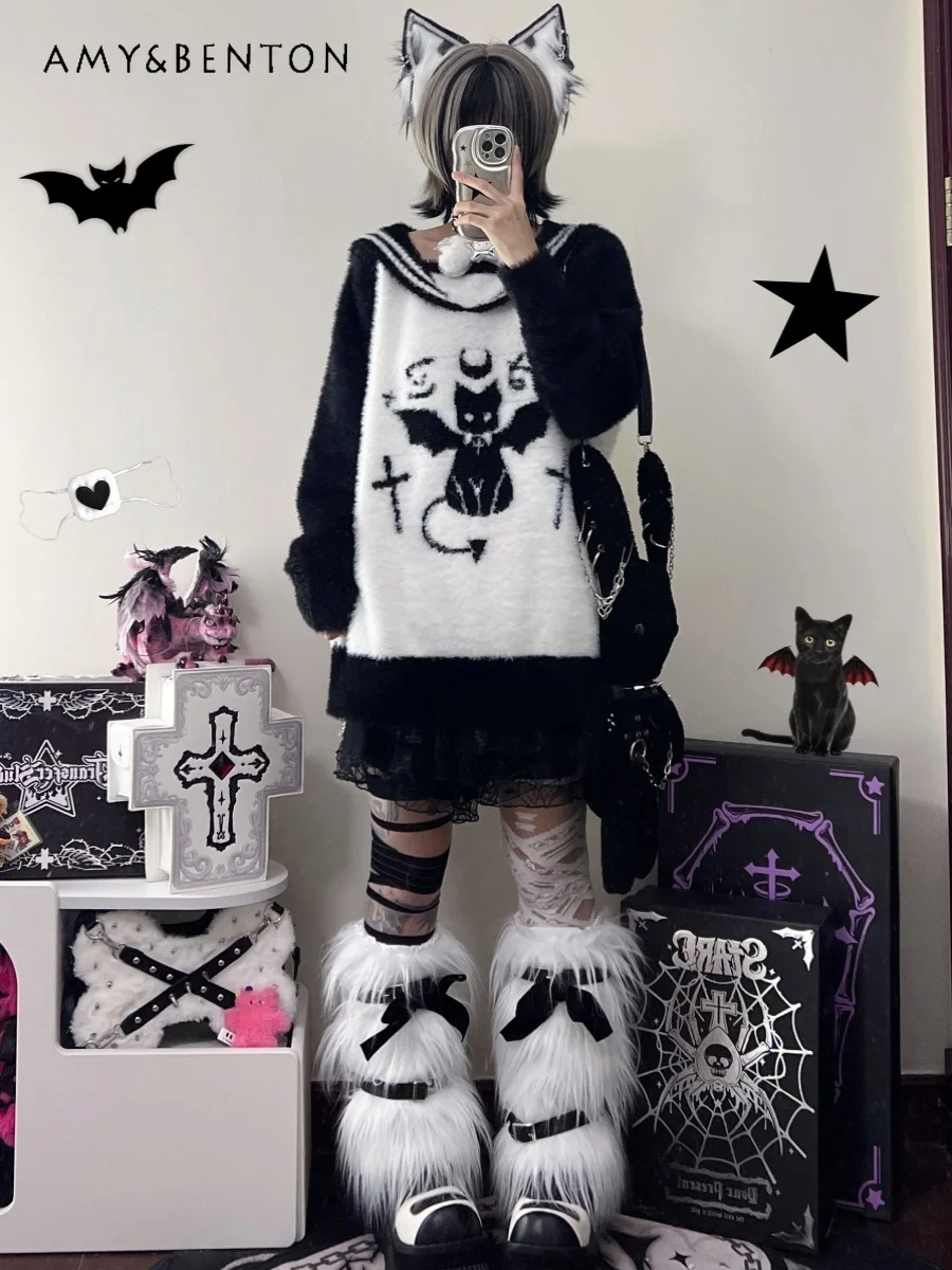 Harajuku Y2K Cartoon Print Sailor Collar Sweaters Gothic Patchwork Color Loose Sweater Women Cute Oversized Sweater Winter New