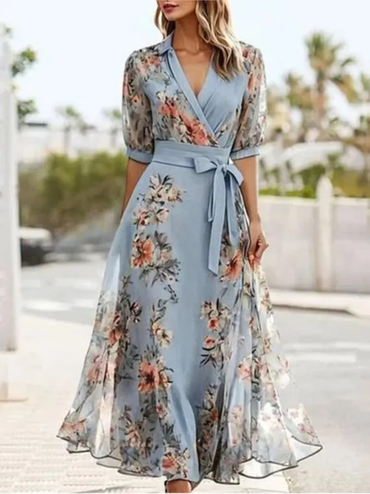 

Summer Elegant Long Dresses For Woman's Sexy V Neck Lace-up Robe Party Vestidos Para Mujer Short Sleeve A-Line Bohemian Dress