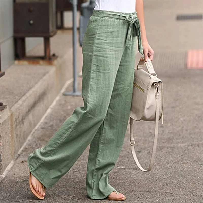 Women Casual Cotton Linen Pants Summer Solid Color Loose Elastic Waist Trousers polyester Lace Up Wide Leg Pants Straight Pants