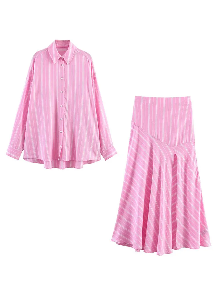 

HH Women Fashion Skirt Suit Pink Stripes Long Sleeves Lapel Single Breasted Casual Shirt Top+Zipper Splicing Pleated Long Skirt