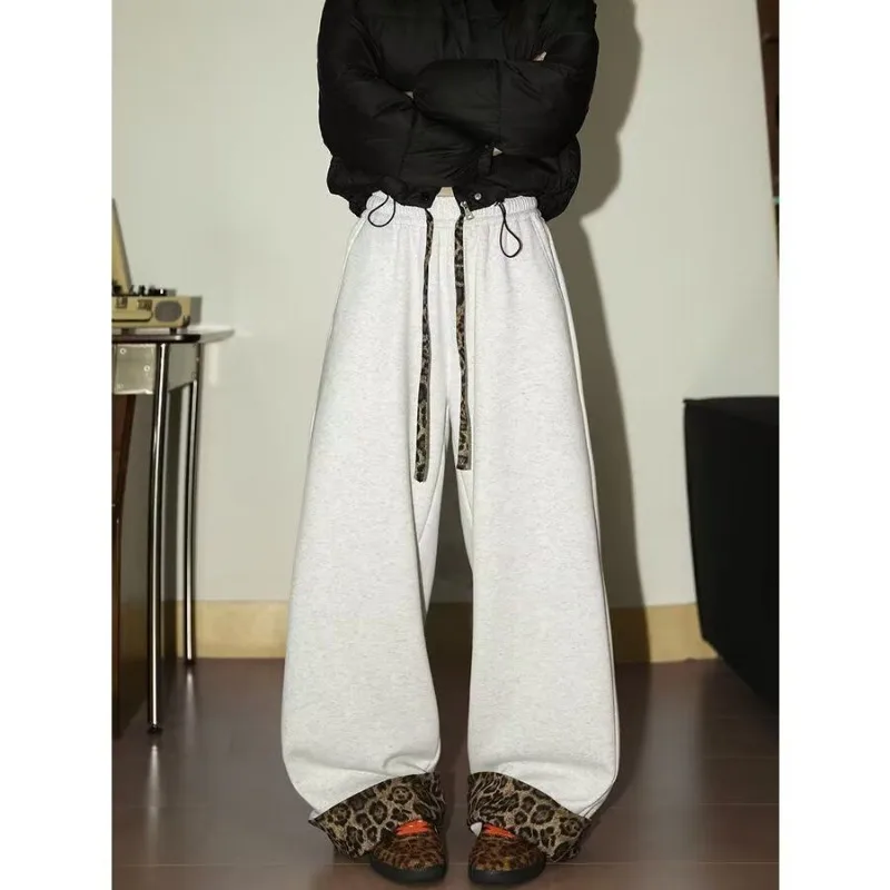 Women's Leopard Print Curled Edge Design Autumn Warm Sweatpants Spring Girl Wide Leg Trousers Female High Waisted Baggy Pants