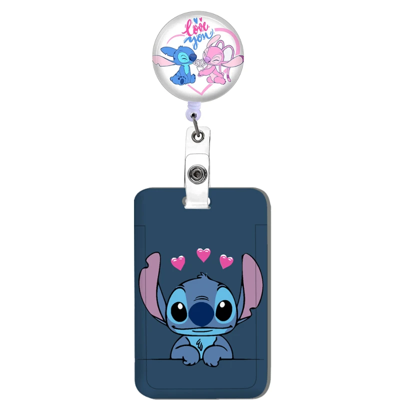 Potdemiel Stitch Angel Cartoon Student Card Clip Meal Card Bus Card Holder Access Control IC Campus Easy to pull buckle Pack