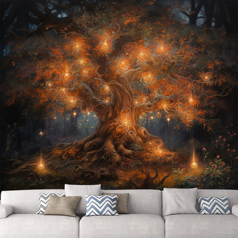 European and American Fantasy Forest with Tree of Life Print Wall Tapestry Bohemian psychedelic style Datura background Tapestry