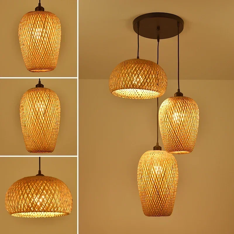 【3PCS】Bamboo Lampshade Led Pendant Lamp Natural Rattan Wicker Ceiling Chandeliers Hand Woven E27 Lighting Fixtures Hanging Light