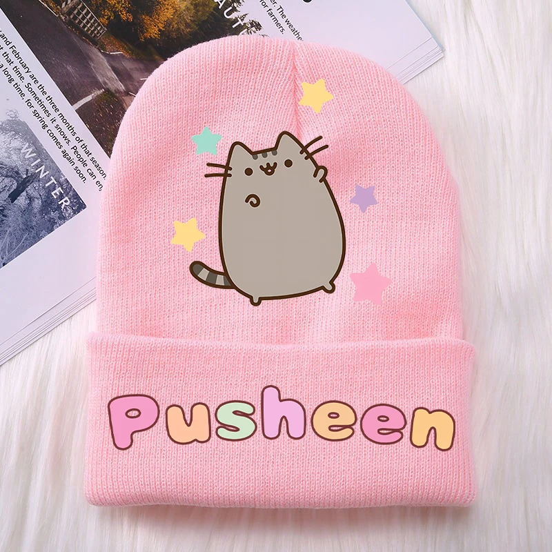 Pusheen Cat Girls czapki z dzianiny dziecięce nakrycia głowy drukowane bawełniane zimowe na zewnątrz śliczna wełniana czapka Cartoon Anime prezent