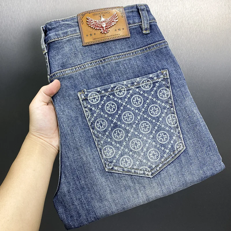 2024New Summer Thin Denim Shorts Men's Pocket Printed Slim Fit Stretch All-Matching Fashion Brand Casual Shorts