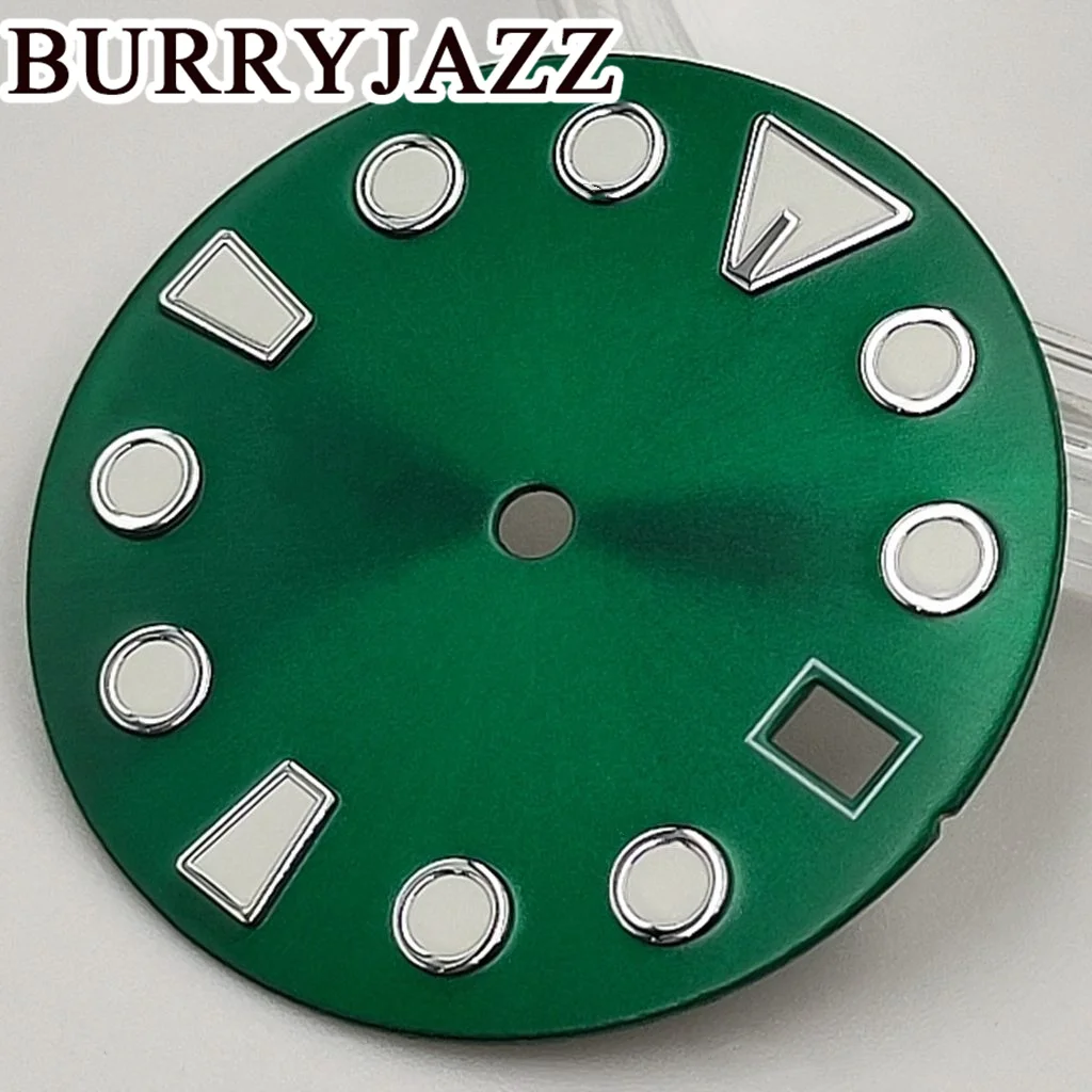 BURRYJAZZ 28,5mm sin logotipo NH35 esferas de reloj esfera verde luminosa ajuste las 3 en punto 3,8 en punto corona de la caja