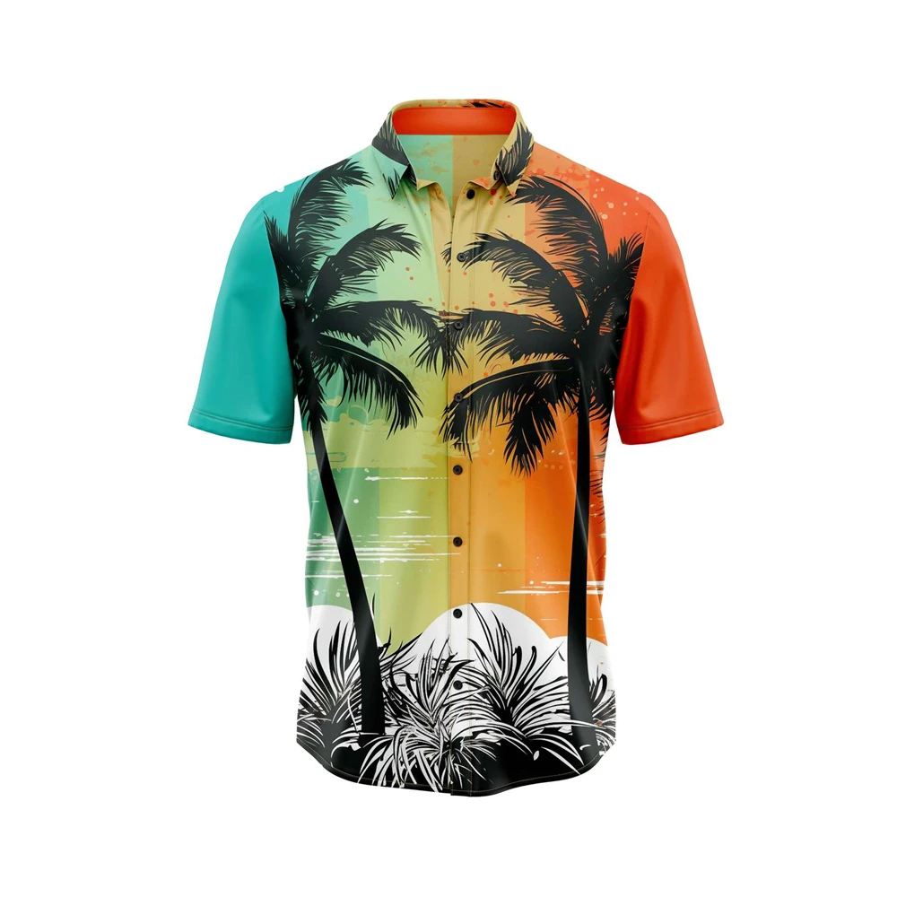 

2025 Men's Shirts 90s Vintage Plam Tree Printed Short Sleeve Shirt Men Street Summer Hawaii Beach Retro Buttons Lapel Blouses