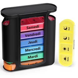 French printing Weekly Pill Organizer, 7 Stackable Compartments Four Times-a-Day - Morning, Noon, Evening, and Bedtime, Black