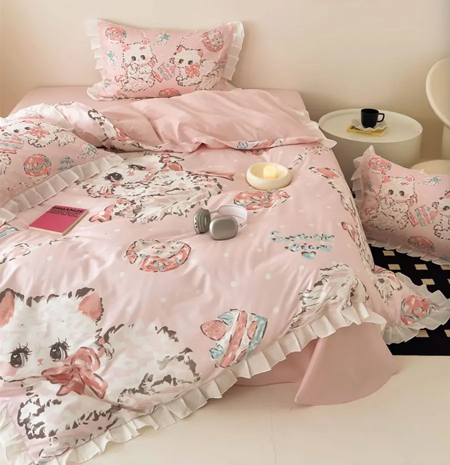 Cute sweet cartoon cat cake pink bedding set,full queen lovely fairyfair cotton home textile bed sheet pillow case quilt cover