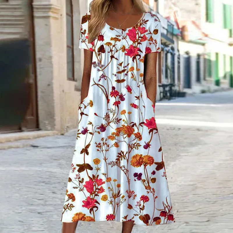 Women Vintage Floral Long Dress Boho Summer O Neck Casual Loose Pocket Short Sleeve Beach Party Dresses For Women Maxi Dress