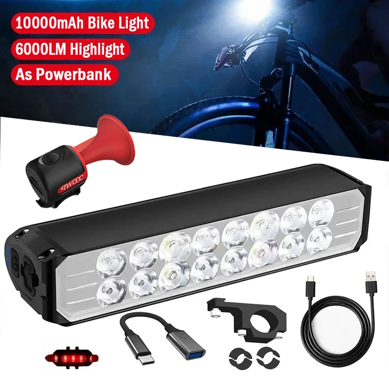 LED Bicycle Light 10000mAh USB Rechargeable 6000LM Highlight MTB Mountain Road Bike Front Lamp Flashlight Cycling Accessories