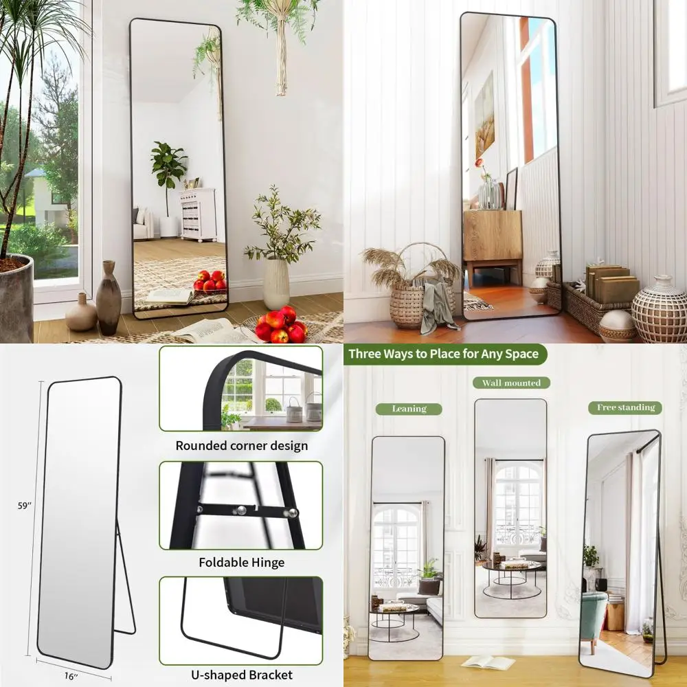 Espelho de chão de comprimento total, canto arredondado, estrutura de metal, de pé ou inclinado, 59" x 16", ideal para sala de estar, decoração de casa