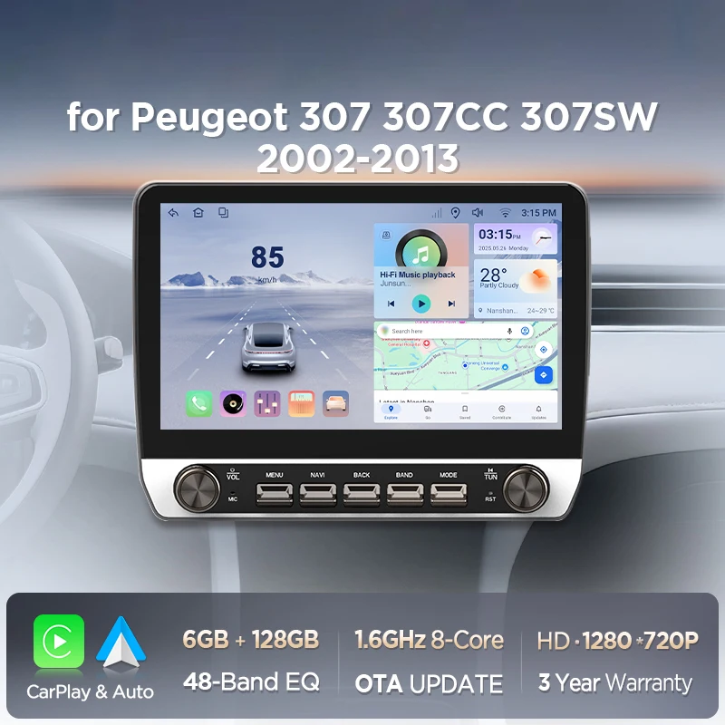 Autoradio 10,1" pour Peugeot 307 307CC 307SW 2002-2013, CarPlay sans fil, Android Auto, écran tactile IPS avec boutons physiques, DSP, navigation GPS, RDS, BT, SWC, Plug and Play, lecteur multimédia 2DIN avec deux boutons physiques.