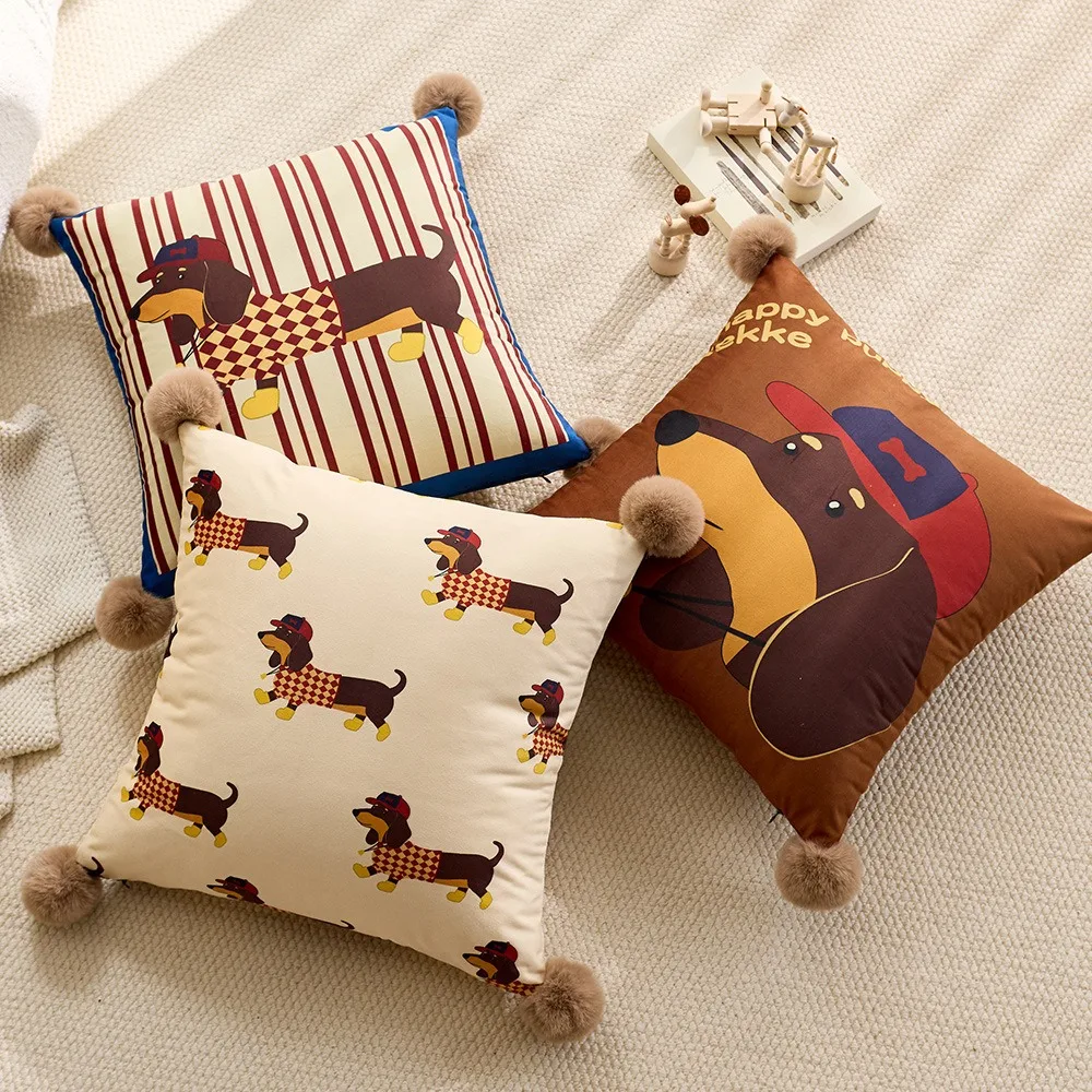 

Sausage Puppy Cartoon Dachshund Pillow Cover Printing Plush Ball Sofa Pillowcase with Zipper Soft Cushion Cover