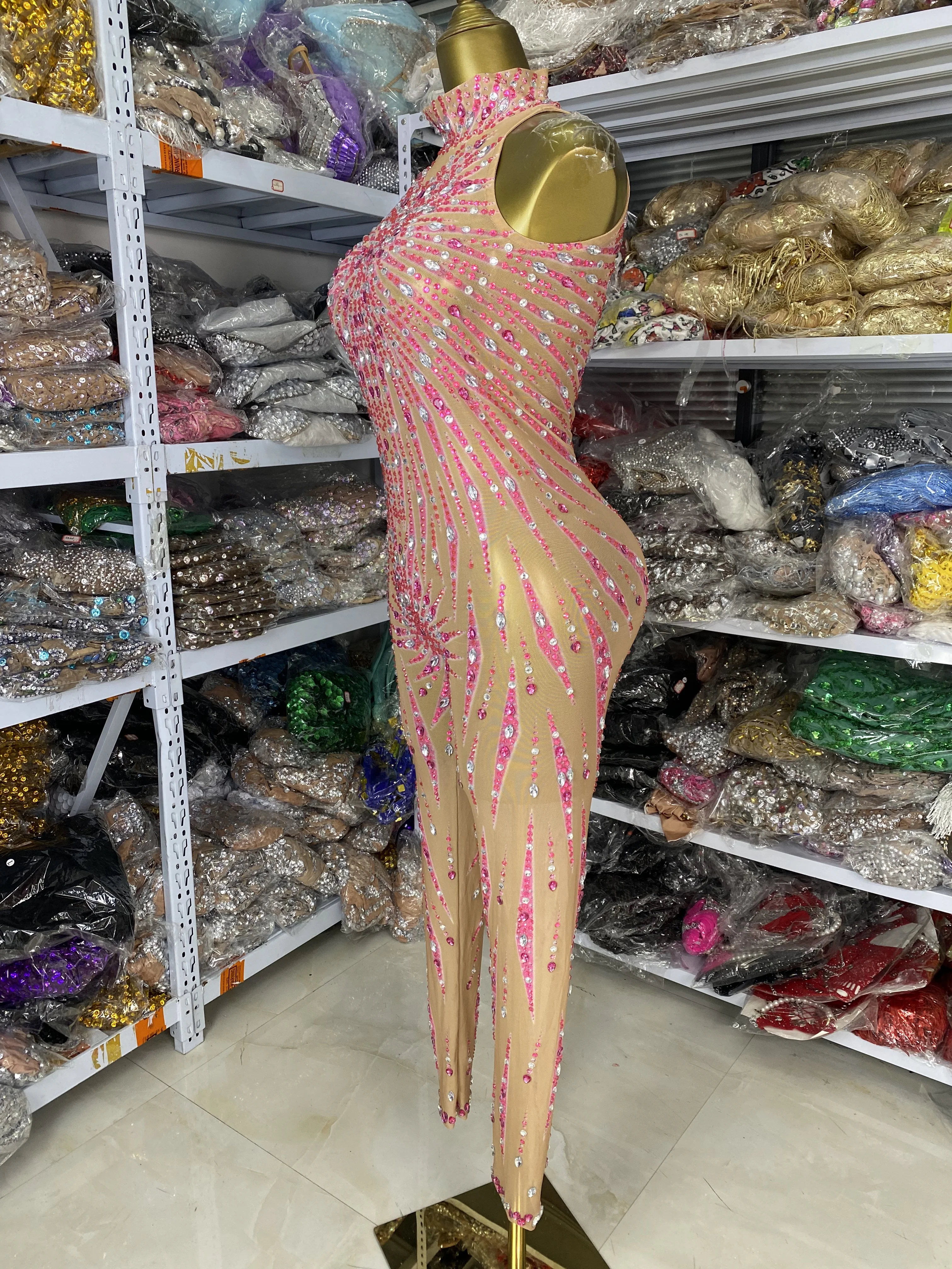 

Женские розовые блестящие сетчатые облегающие комбинезоны со стразами, прозрачное платье для особых случаев, вечерние клубные вечерние сценические костюмы