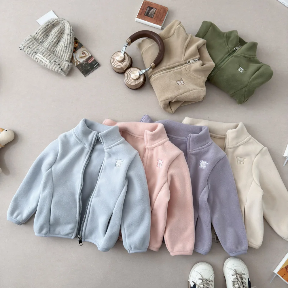 Coat Aoli Velvet Autumn and Winter Children Casual Embroidered Stand Up Collar Cardigan Soft Comfortable Cozy