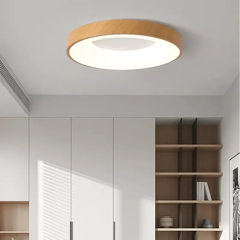 Plafonnier LED Mars en Bois Rond Ultra-Mince, Décoration Nordique de la Maison, Plafonnier à Gradation avec Télécommande pour Cuisine et Chambre