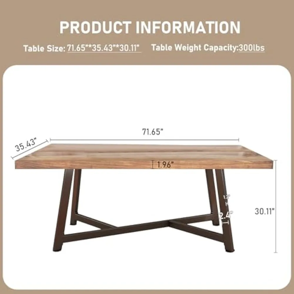 72" Solid Wood Dining Table for 4 5 6 People, Rustic Brown Rectangular Dinner Tables, Large Kitchen Table w/Adjustable Metal Leg