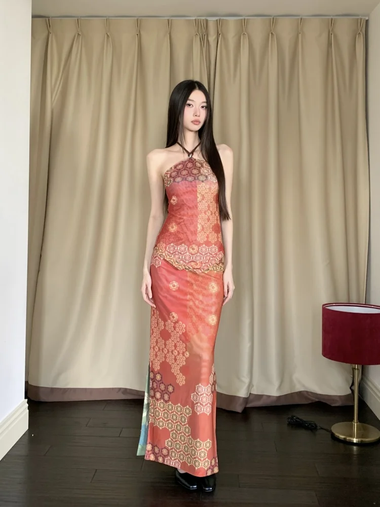 CHEERART Reversible Vintage 2 Pieces Set For Woman Summer Outfit Halter Neck Top And Long Skirt Matching Sets Designer Clothes