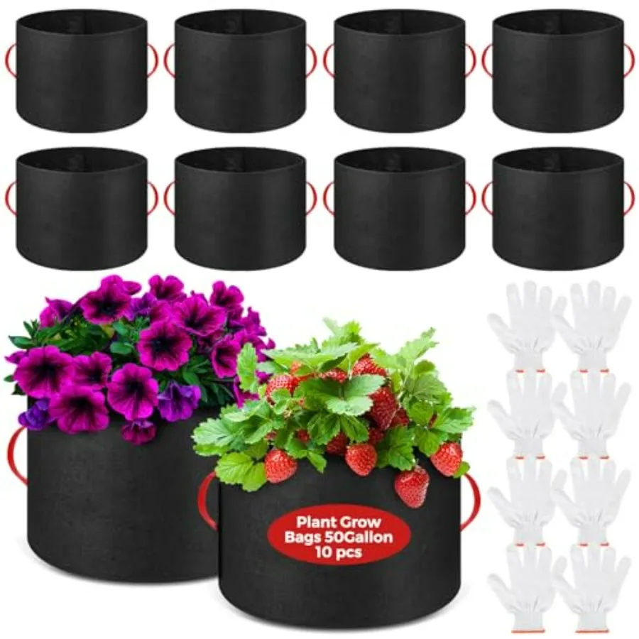 Garden vegetable planting: nonwoven fabric, black, breathable 50-gallon grow bags with handles and gloves, thickened nursery po