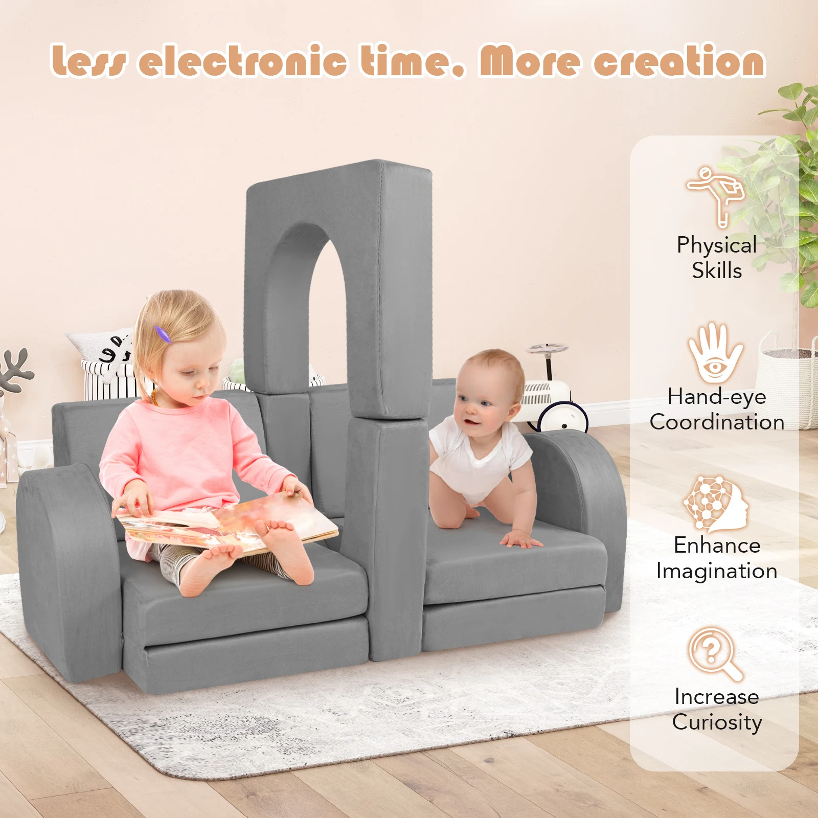 8 PCS Sofa Modular Anak dengan Penutup Kain Suede Busa Berdensitas Tinggi