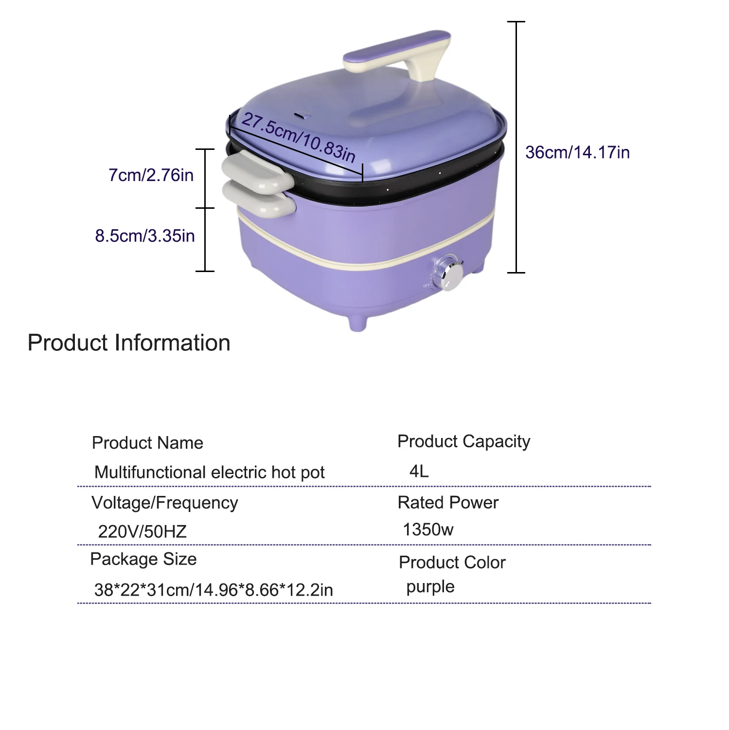 Multifunctional Electric Cooker 1350W 4L Non-Stick Square Hot Pot Frying Pan Energy Saver For Home Dormitory view 3